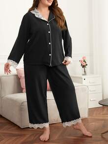 Plus Lace Trim Drop Shoulder PJ Set - Black - View 4