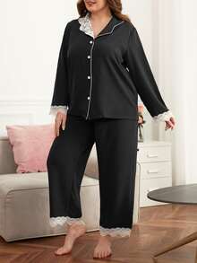 Plus Lace Trim Drop Shoulder PJ Set - Black - View 5