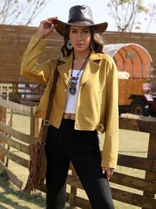 RELISH NOLESS Solid Lapel Neck Faux Suede Jacket - Yellow - View 1