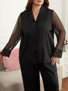 Bộ Giản Dị Kích Thước Lớn Tương phản ren Tương phản Mesh Nút phía trước Tim Thanh lịch - màu đen - Xem 3