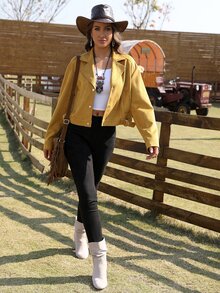 RELISH NOLESS Solid Lapel Neck Faux Suede Jacket - Yellow - View 4