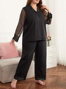 Bộ Giản Dị Kích Thước Lớn Tương phản ren Tương phản Mesh Nút phía trước Tim Thanh lịch - màu đen - Xem 5