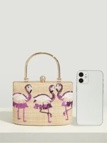 Mini Sequin & Rhinestone Decor Flamingo Embroidered Box Bag - Multicolor - View 11
