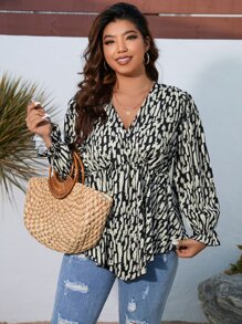 SHEIN LUNE 大碼滿版印花荷葉袖荷葉邊下擺襯衫 - 彩色 - 查看 5