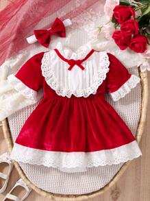 Baby Eyelet Embroidery Ruffle Bow Front Combo Bodysuit Dress With Accessory Headband - Red and White - View 1