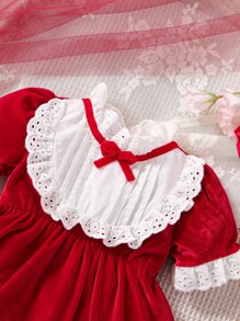Baby Eyelet Embroidery Ruffle Bow Front Combo Bodysuit Dress With Accessory Headband - Red and White - View 4