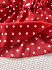 SHEIN Girls Polka Dot Ruffle Straps Peplum Blouse - Red - View 6