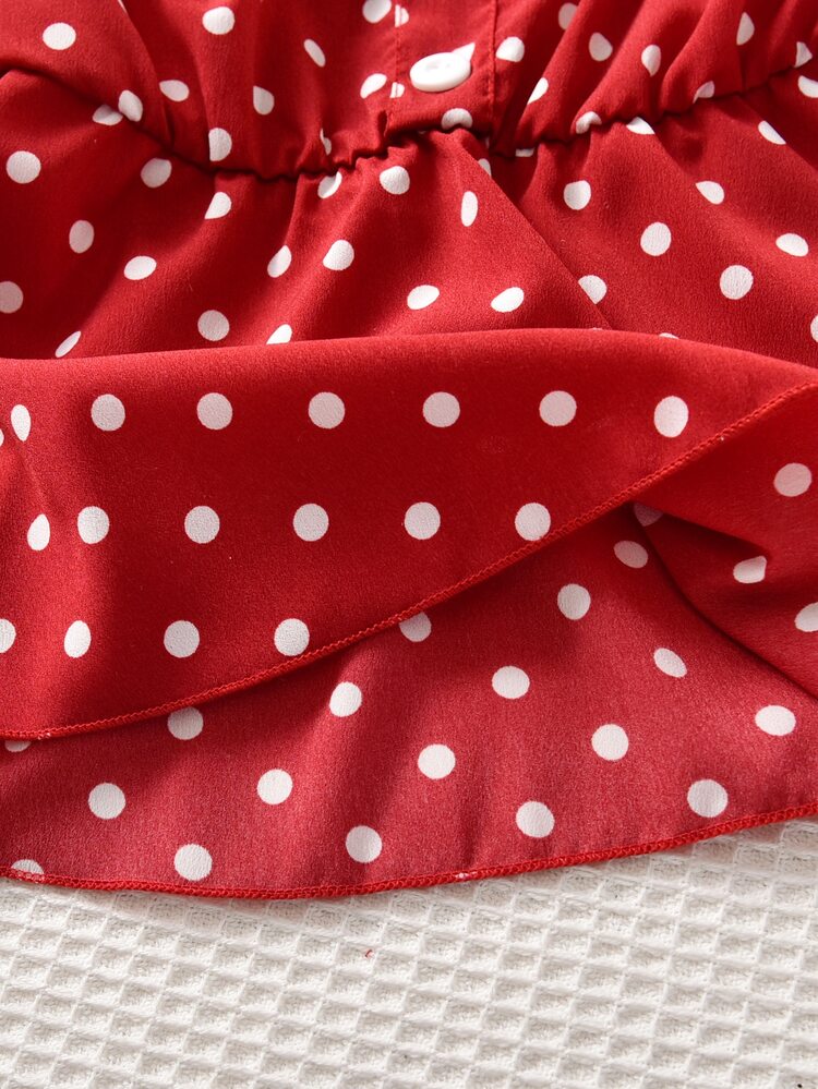 SHEIN Girls Polka Dot Ruffle Straps Peplum Blouse - Red - View 6