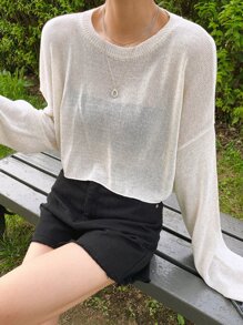 DAZY Jersey crop unicolor de hombros caídos - Blanco - Ver 3