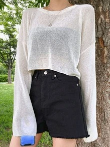 DAZY Jersey crop unicolor de hombros caídos - Blanco - Ver 6