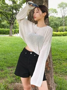 DAZY Jersey crop unicolor de hombros caídos - Blanco - Ver 7