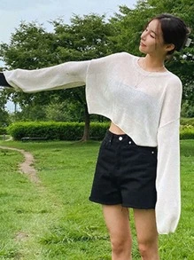 DAZY Jersey crop unicolor de hombros caídos - Blanco - Ver 9