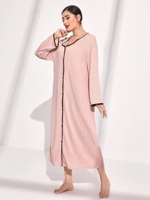 SHEIN Unity Contrast Binding Button Front Nightdress - Baby Pink - View 4