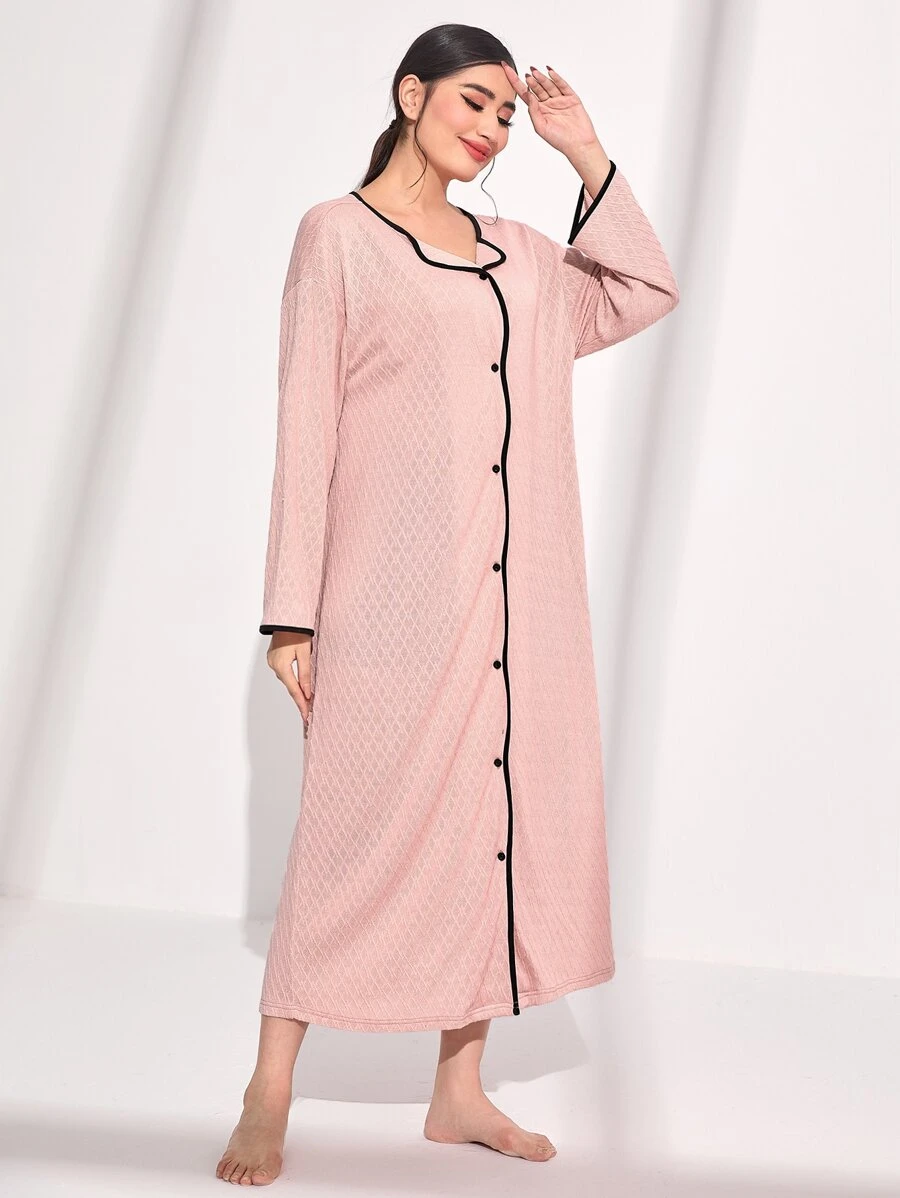 SHEIN Unity Contrast Binding Button Front Nightdress - Baby Pink - View 1