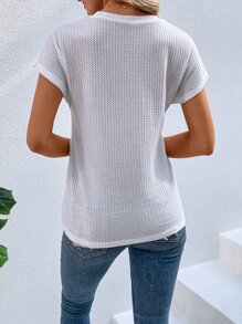 SHEIN LUNE Waffle Knit Knot Side Asymmetrical Hem Tee - White - View 2