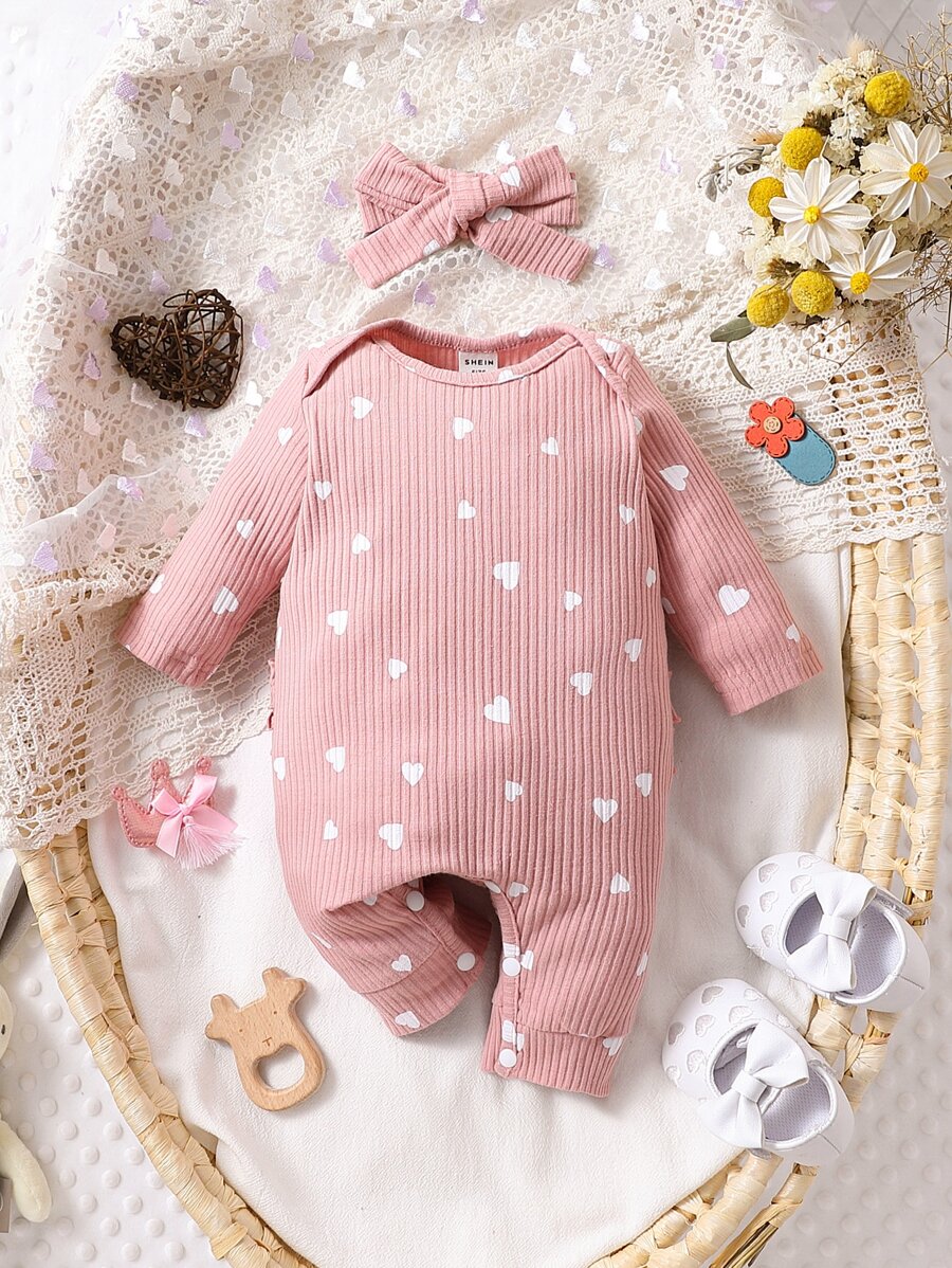 SHEIN Baby Heart Print Jumpsuit & Accessory Headband - Baby Pink - View 1