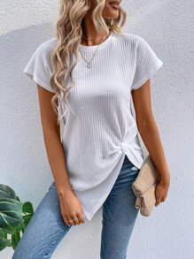 SHEIN LUNE Waffle Knit Knot Side Asymmetrical Hem Tee - White - View 3