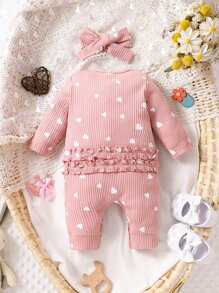SHEIN Baby Heart Print Jumpsuit & Accessory Headband - Baby Pink - View 2
