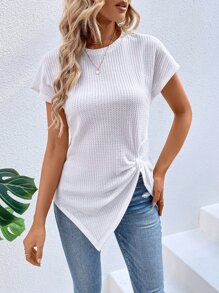 SHEIN LUNE Waffle Knit Knot Side Asymmetrical Hem Tee - White - View 6