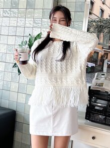 DAZY Cable Knit Fringe Hem Drop Shoulder Jumper - White - View 1