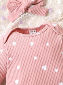 SHEIN Baby Heart Print Jumpsuit & Accessory Headband - Baby Pink - View 6