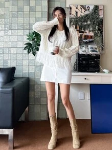 DAZY Cable Knit Fringe Hem Drop Shoulder Jumper - White - View 4