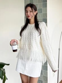 DAZY Cable Knit Fringe Hem Drop Shoulder Jumper - White - View 5