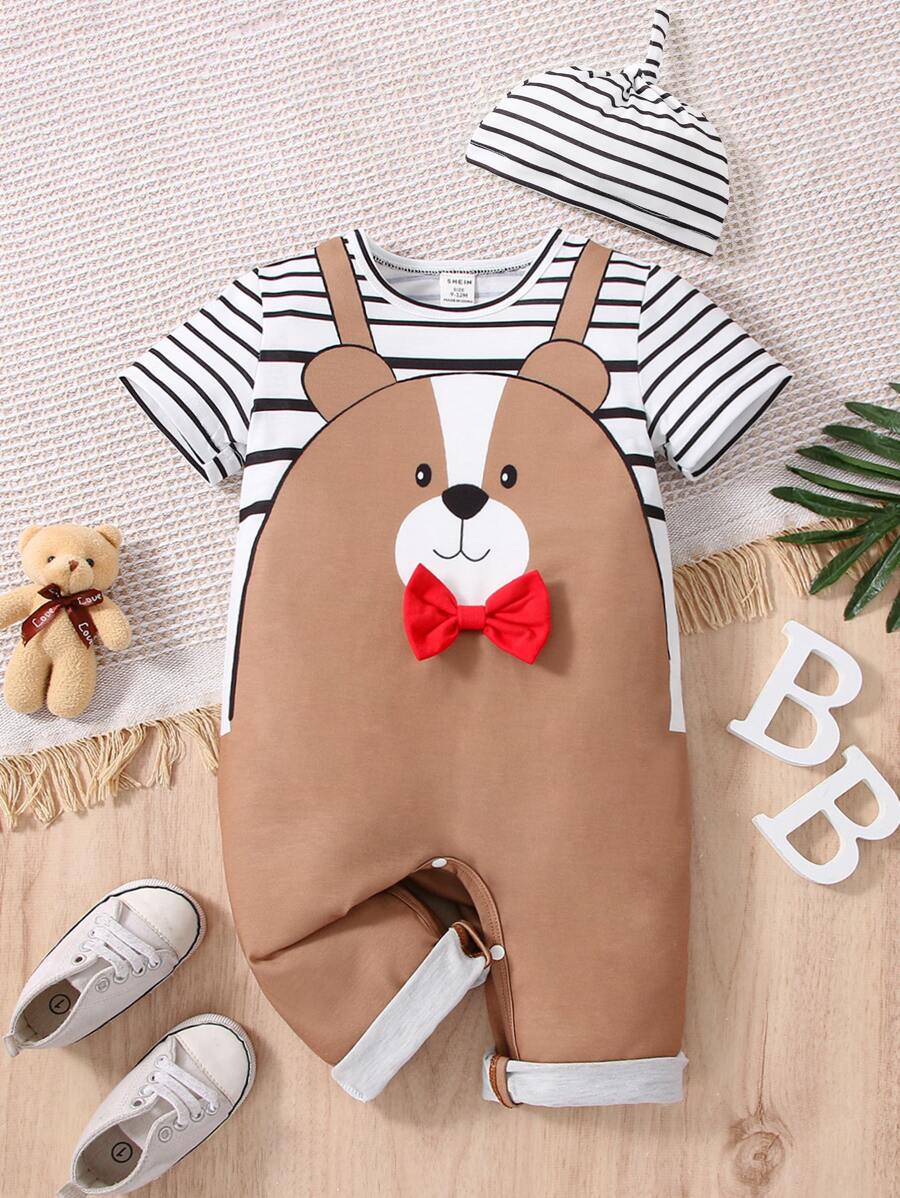 Baby Boy Striped & Bear Print Bow Front 2 In 1 Jumpsuit With Accessory Headband - Multicolor - View 1