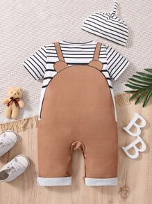 Baby Boy Striped & Bear Print Bow Front 2 In 1 Jumpsuit With Accessory Headband - Multicolor - View 2