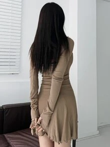 DAZY Solid Open Front Top & Lettuce Trim Halter Dress, Women Two Pieces Sets,Fall Clothes - Khaki - View 2