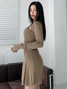 DAZY Solid Open Front Top & Lettuce Trim Halter Dress, Women Two Pieces Sets,Fall Clothes - Khaki - View 5