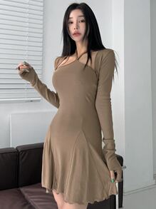 DAZY Solid Open Front Top & Lettuce Trim Halter Dress, Women Two Pieces Sets,Fall Clothes - Khaki - View 1