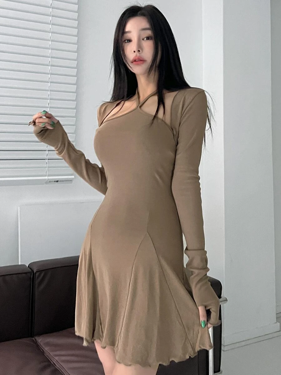 DAZY Solid Open Front Top & Lettuce Trim Halter Dress, Women Two Pieces Sets,Fall Clothes - Khaki - View 1