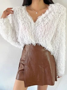 DAZY Solid Open Front Fuzzy Cardigan - White - View 8