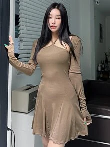 DAZY Solid Open Front Top & Lettuce Trim Halter Dress, Women Two Pieces Sets,Fall Clothes - Khaki - View 8
