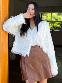DAZY Solid Open Front Fuzzy Cardigan - White - View 1
