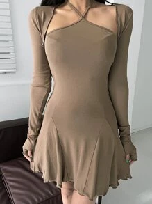 DAZY Solid Open Front Top & Lettuce Trim Halter Dress, Women Two Pieces Sets,Fall Clothes - Khaki - View 9