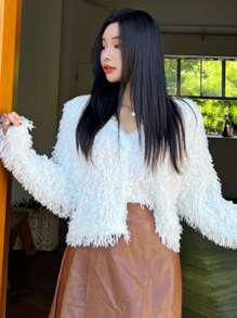 DAZY Solid Open Front Fuzzy Cardigan - White - View 5