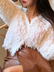 DAZY Solid Open Front Fuzzy Cardigan - White - View 7