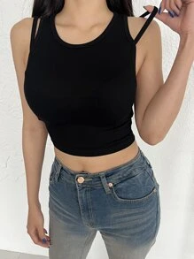DAZY Solid Crop Tank Top - Black - View 1