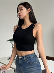DAZY Solid Crop Tank Top - Black - View 6