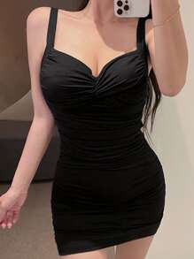 DAZY 素色側收褶吊帶緊身連衣裙 - 黑色 - 查看 6