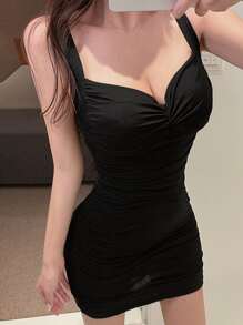 DAZY 素色側收褶吊帶緊身連衣裙 - 黑色 - 查看 7