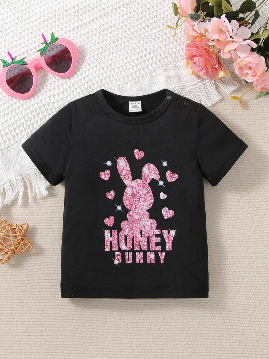 Baby Rabbit & Letter Graphic Tee - Black - View 1