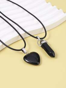 2 chiếc vòng cổ mặt dây chuyền trái tim & hình học - màu đen - Xem 2