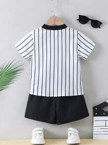 小男童條紋和字母圖案棒球領襯衫和短褲