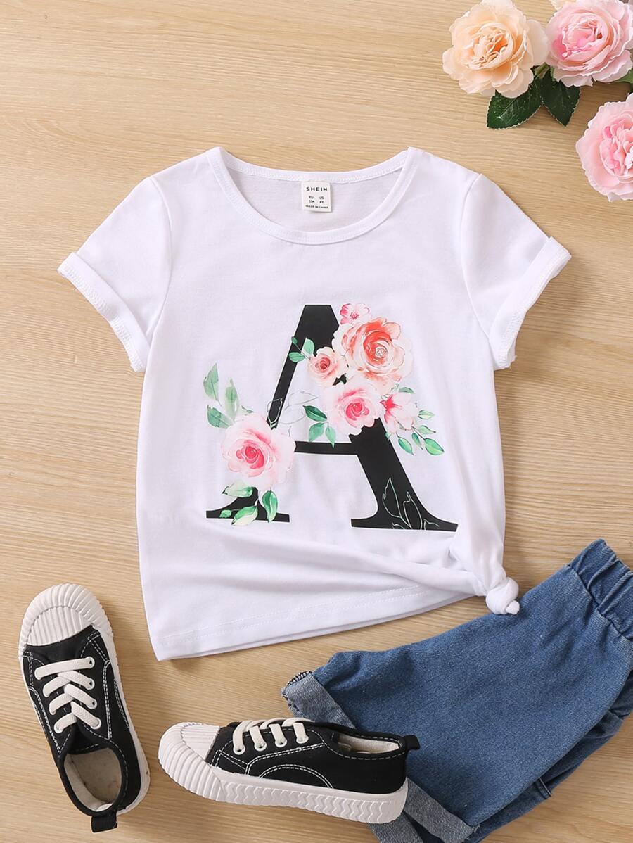 SHEIN 少女花卉和字母圖案t恤 - 白色 - 查看 1