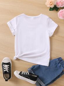 SHEIN 少女花卉和字母圖案t恤 - 白色 - 查看 2