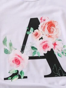 SHEIN 少女花卉和字母圖案t恤 - 白色 - 查看 4