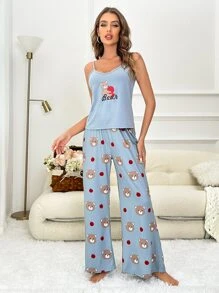 Cartoon Graphic Cami Top & Bow Front Trousers PJ Set - Blue - View 3